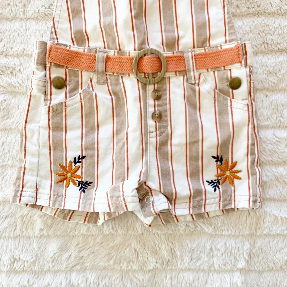 Belted Striped Shortalls with Orange and Blue Floral Embroidery